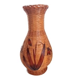 Vintage Ceramic Bud Vase Candle Holder Wicker Rattan Bamboo Woven Shanghai China